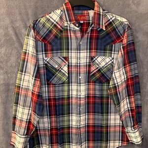 Vintage ELY PLAINS Mens L Plaid Pearl Snap Western Shirt Long Sleeve